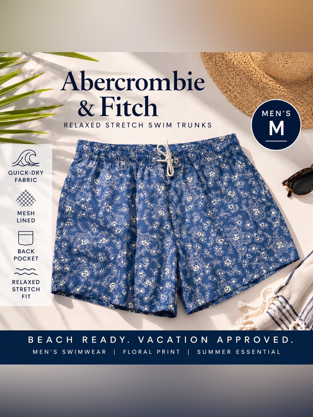 Abercrombie & Fitch Navy Blue Floral Swim Trunks Men’s Size M